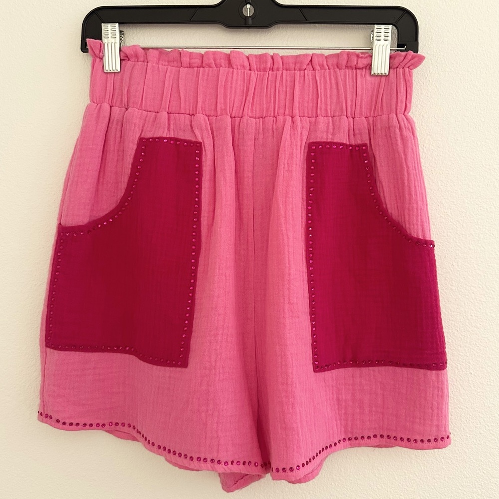 NEW Peach Love California High Waist Gauzy Pink Shorts With rhinestone details